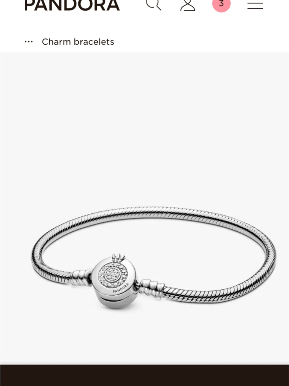 Pandora Silver Pave Crown Clasp Snake Chain Bracelet